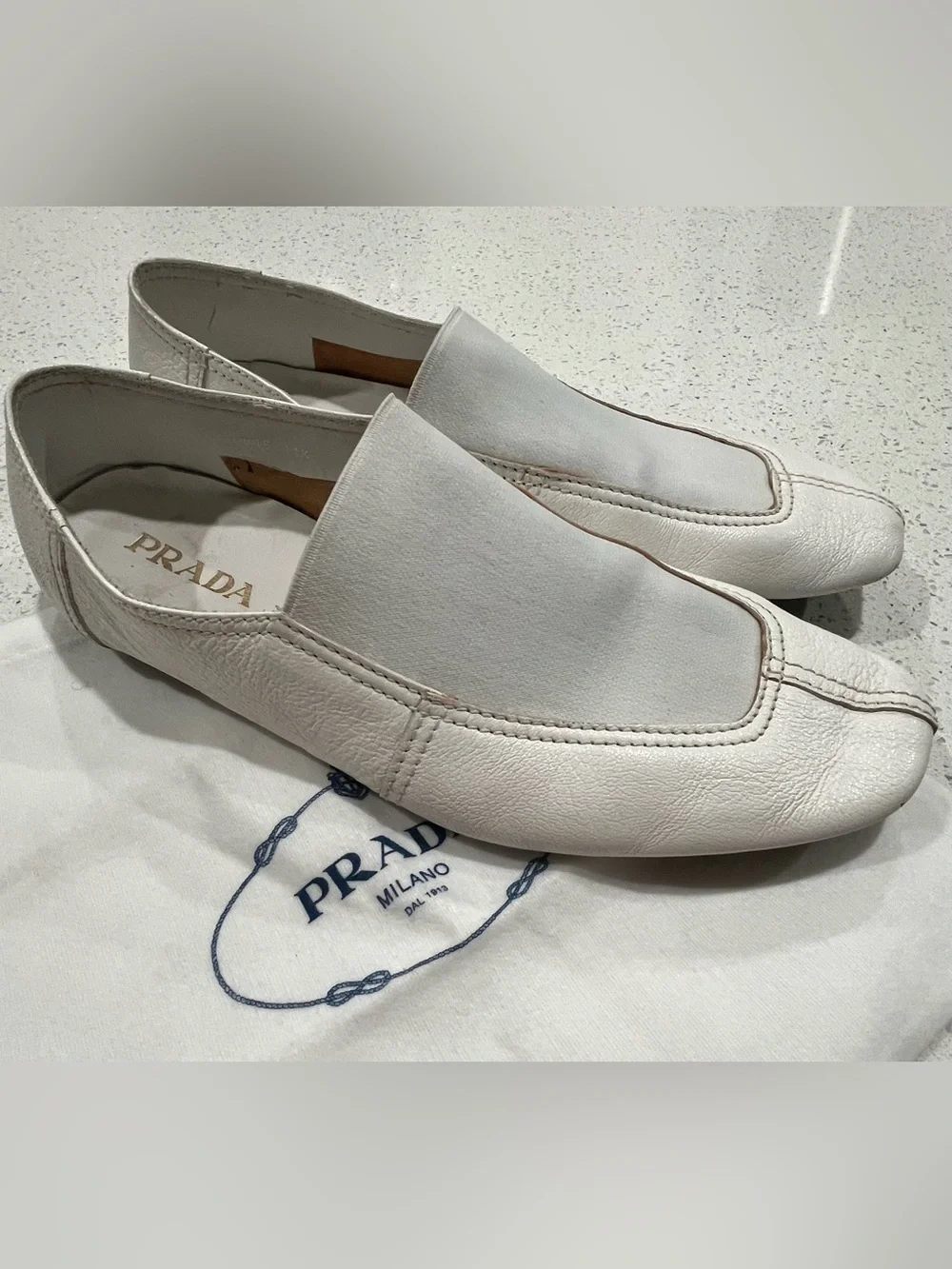 Mens Authentic Prada White Leather Square-toe Slip-ons W/elastic Vamp, SZ 11.5